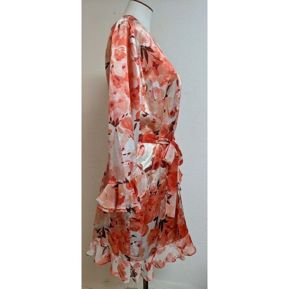 Women's Oscar de la Renta Pink Label Floral Print Ruffle Trim Robe LG
